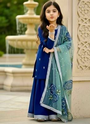 Designer viscose velvet embroidered work kids kurta plazzo set 2
