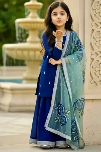 Designer viscose velvet embroidered work kids kurta plazzo set