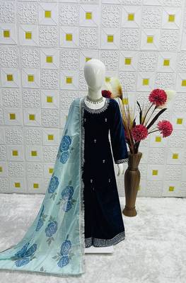 Designer viscose velvet embroidered work kids kurta plazzo set 3