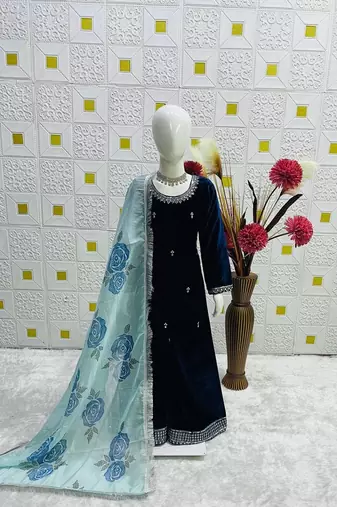 Designer viscose velvet embroidered work kids kurta plazzo set