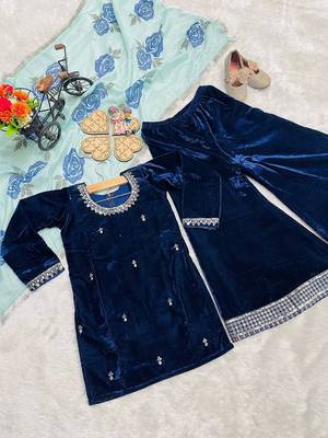 Designer viscose velvet embroidered work kids kurta plazzo set 4