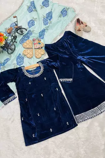 Designer viscose velvet embroidered work kids kurta plazzo set
