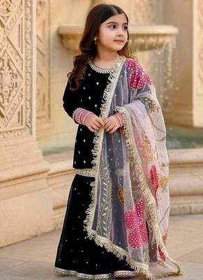 Designer viscose velvet embroidered work kids kurta sharara set 1
