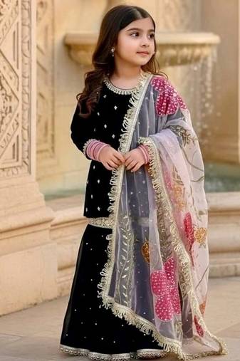 Designer viscose velvet embroidered work kids kurta sharara set