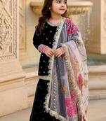 Designer viscose velvet embroidered work kids kurta sharara set