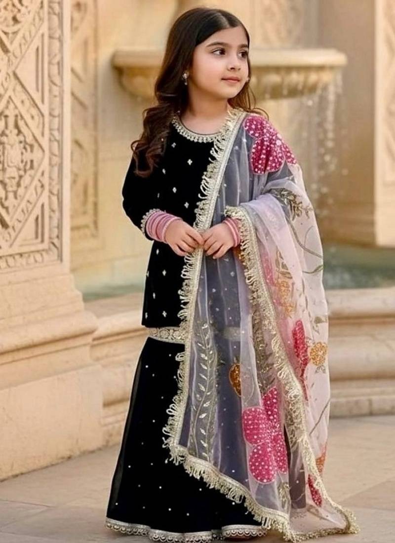 Designer viscose velvet embroidered work kids kurta sharara set
