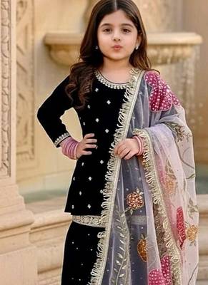 Designer viscose velvet embroidered work kids kurta sharara set 2