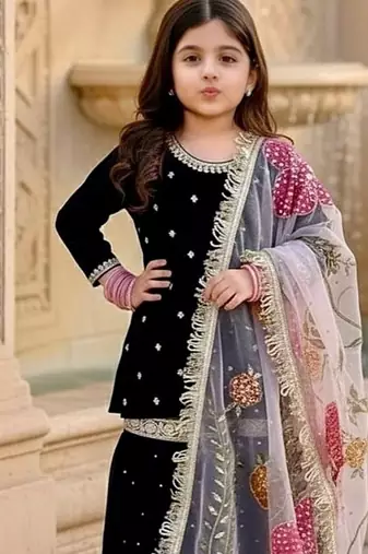 Designer viscose velvet embroidered work kids kurta sharara set