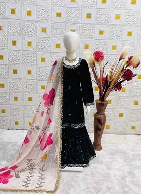 Designer viscose velvet embroidered work kids kurta sharara set 3