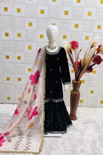 Designer viscose velvet embroidered work kids kurta sharara set