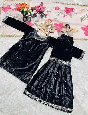 Designer viscose velvet embroidered work kids kurta sharara set 4