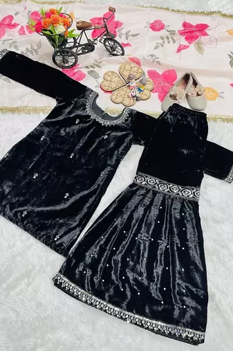 Designer viscose velvet embroidered work kids kurta sharara set