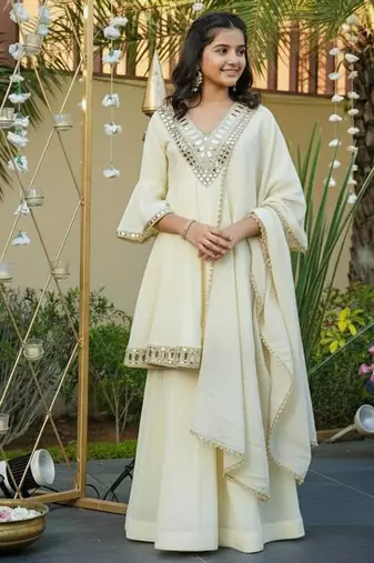 Heavy cosmos zari silk real mirror work kids sharara set