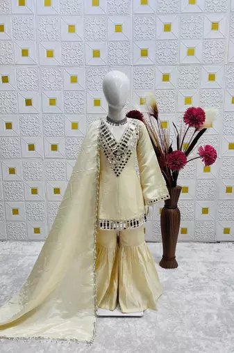 Heavy cosmos zari silk real mirror work kids sharara set