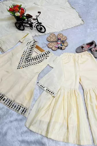 Heavy cosmos zari silk real mirror work kids sharara set