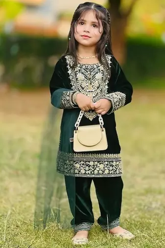 Designer viscose velvet embroidered work kids kurta set