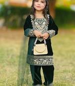 Designer viscose velvet embroidered work kids kurta set