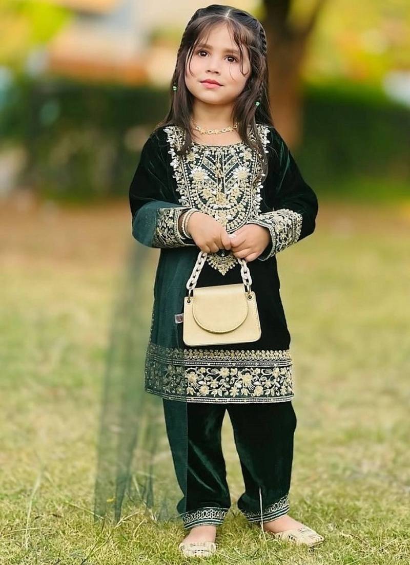 Designer viscose velvet embroidered work kids kurta set