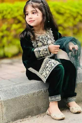Designer viscose velvet embroidered work kids kurta set