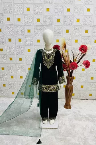 Designer viscose velvet embroidered work kids kurta set