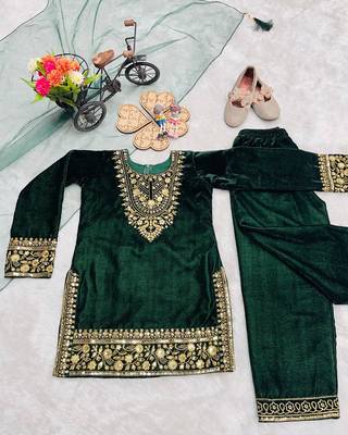 Designer viscose velvet embroidered work kids kurta set 4