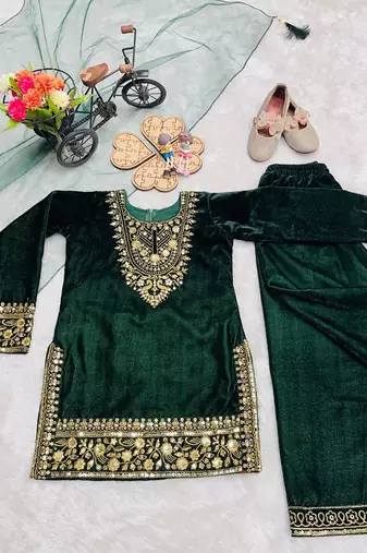 Designer viscose velvet embroidered work kids kurta set