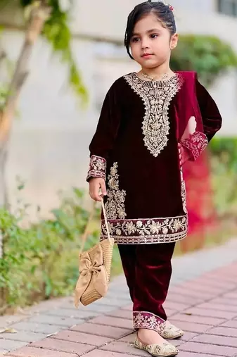 Designer viscose velvet embroidered work kids kurta set