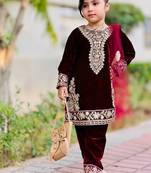 Designer viscose velvet embroidered work kids kurta set