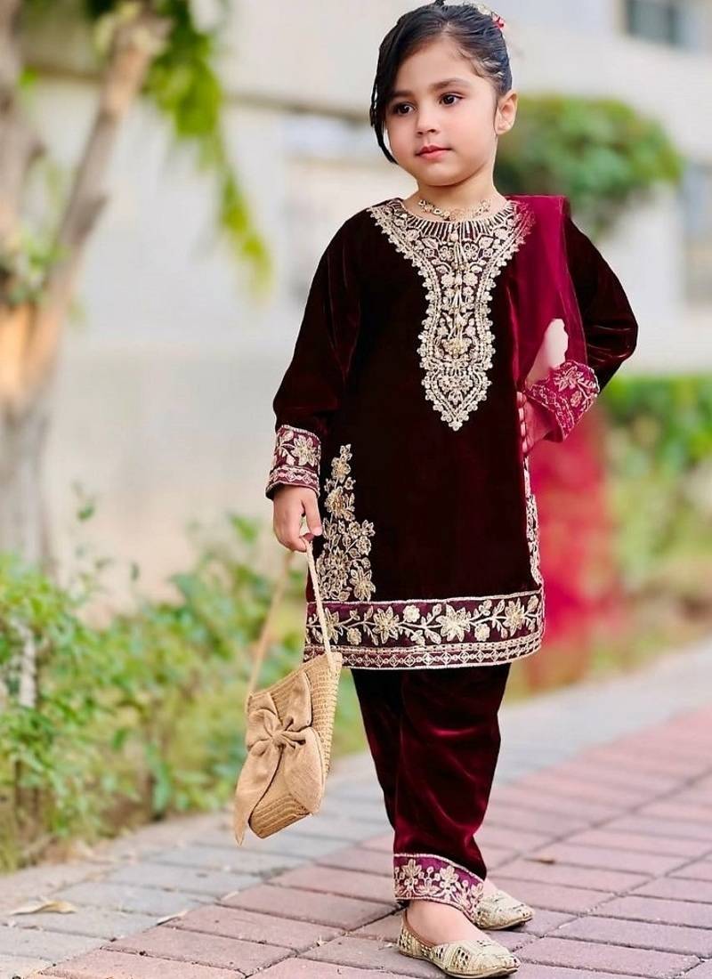 Designer viscose velvet embroidered work kids kurta set