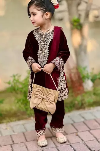 Designer viscose velvet embroidered work kids kurta set