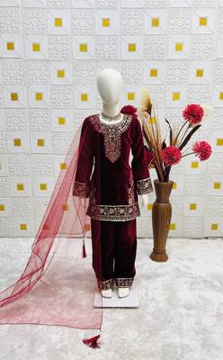Designer viscose velvet embroidered work kids kurta set 3