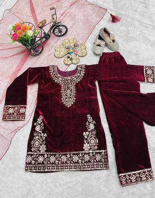 Designer viscose velvet embroidered work kids kurta set 4