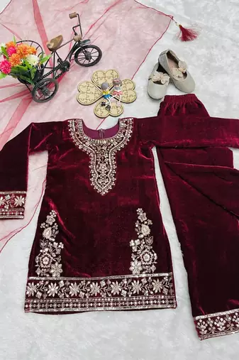 Designer viscose velvet embroidered work kids kurta set