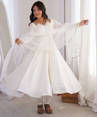 white roman silk chanderi anarkali suit with dupatta 1