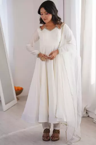 white roman silk chanderi anarkali suit with dupatta