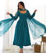 teal georgette leheriya anarkali suit set