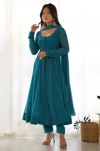 teal georgette leheriya anarkali suit set