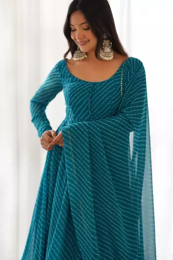 teal georgette leheriya anarkali suit set
