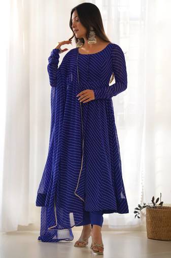 royal blue georgette leheriya anarkali suit set