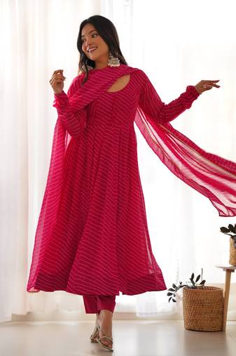 rani pink georgette leheriya anarkali suit set