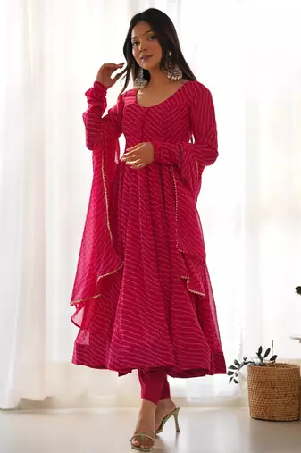 rani pink georgette leheriya anarkali suit set