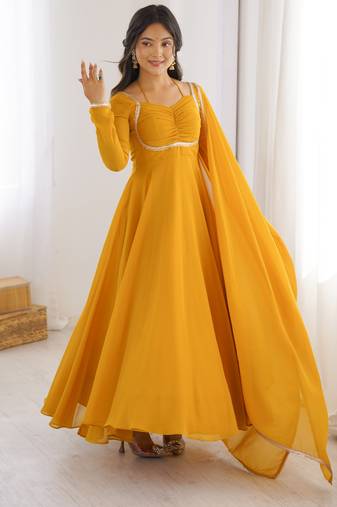 yellow georgette designer anarkali suit with dupatta