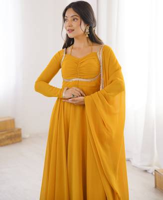 yellow georgette designer anarkali suit with dupatta 4