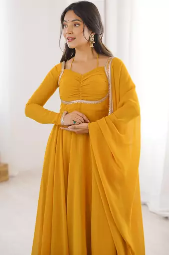 yellow georgette designer anarkali suit with dupatta