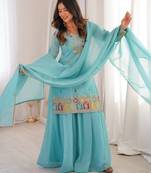 sky blue silk designer sharara suit with embroidery work