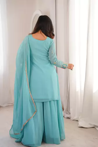 sky blue silk designer sharara suit with embroidery work