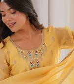 designer yellow silk sharara suit with embroidery work
