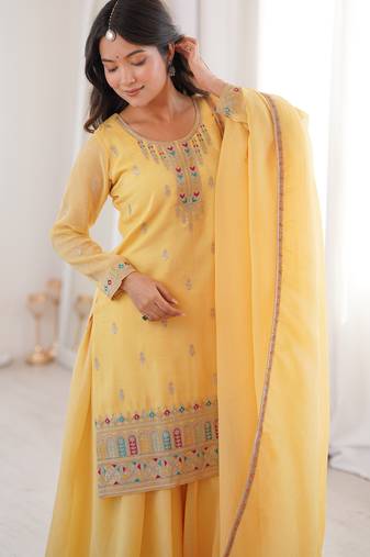  yellow silk sharara suit with embroidery work
