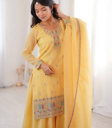 designer yellow silk sharara suit with embroidery work