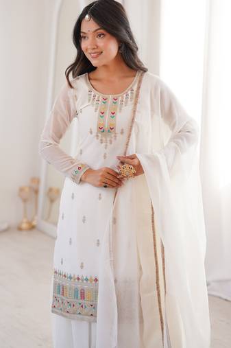 designer off white silk sharara suit with embroidery work